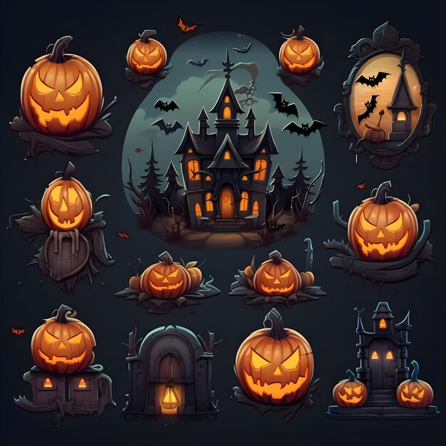 Set di Halloween di zucche fantasmi casa stregata pipistrelli e castello su solido sfondo