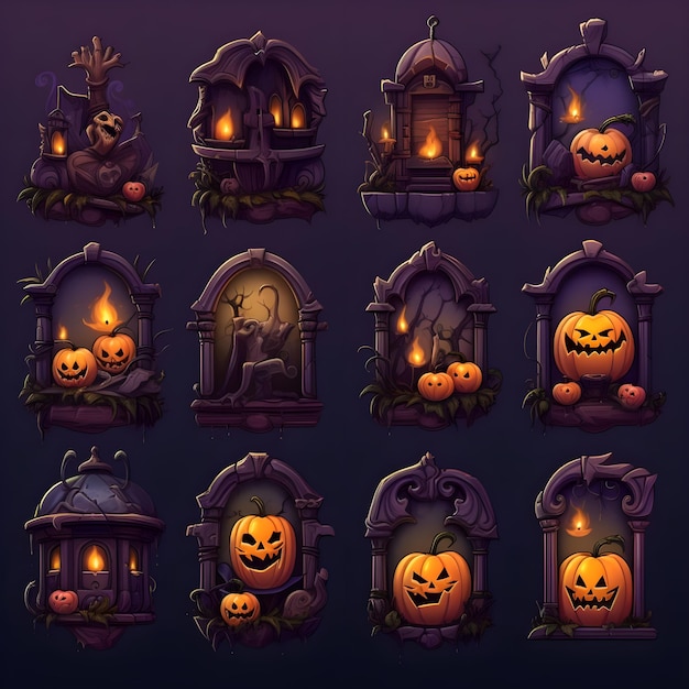 Set di Halloween di zucche fantasmi casa stregata pipistrelli e castello su solido sfondo