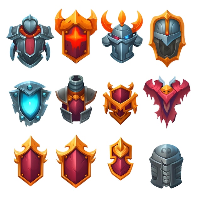 Set di icone dell'armatura di cavaliere Set cartoni animati di icone vettoriali dell'armadura di cavalliere per il web design