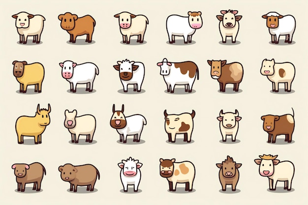 Set di icone di animali da fattoria dei cartoni animati