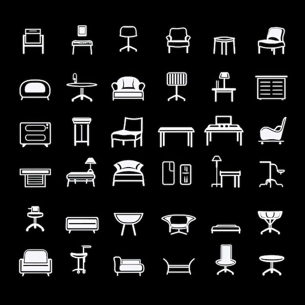 Set di icone di mobili Bianco su sfondo nero Illustrazione vettoriale