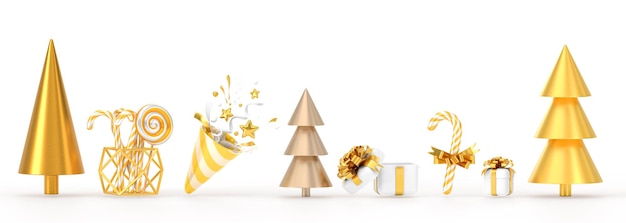 Set di icone di Natale 3D Scatole regalo di alberi d'oro con nastro e fiocco popper da festa con bastoncino di zucchero con coriandoli Decorazioni di Capodanno elementi di design per le vacanze isolati su sfondo bianco