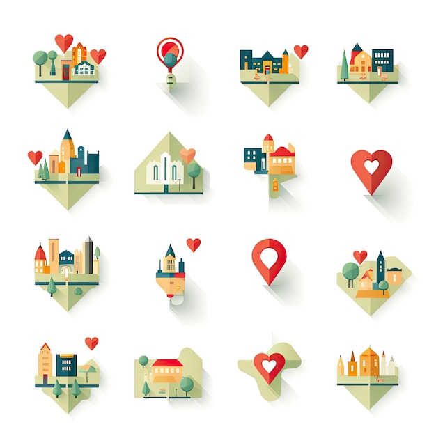 Set di icone di navigazione della mappa della città in stile piatto Illustrazione vettoriale