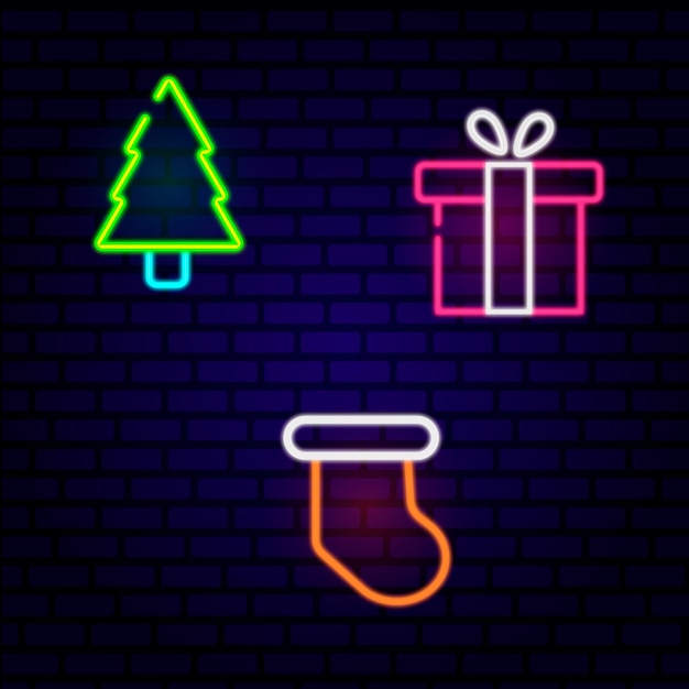Set di icone di vacanze di scatole regalo, albero di Natale, calzino di Natale sul fondo del muro di mattoni. Illustrazione vettoriale. Tendenze felice anno nuovo