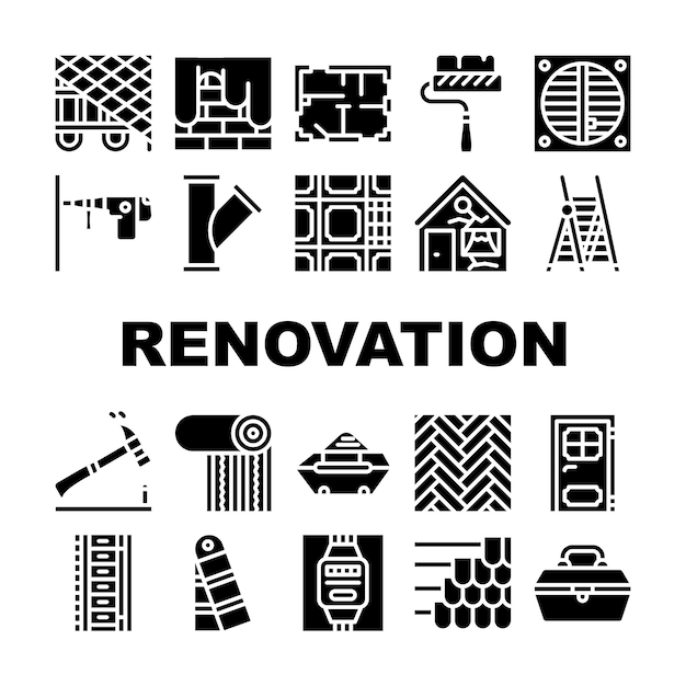 Set di icone per la raccolta di riparazioni domestiche per il rinnovamento Set di icone vettoriali per perforazione e inchiodatura Martello Attrezzature per il rinnovamento Pittura e tappezzeria Pittogrammi di glifo Illustrazioni nere