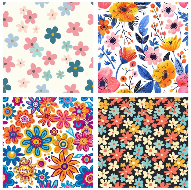Set di illustrazioni a disegni di fiori colorati