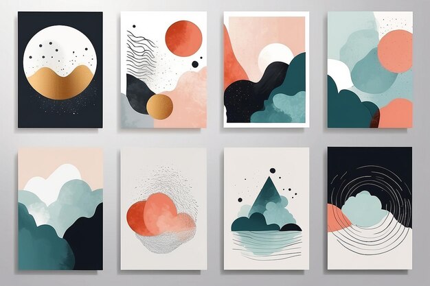 Set di illustrazioni abstract creative minimaliste dipinte a mano per cartoline decorative da parete