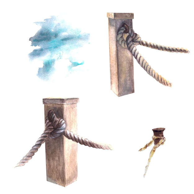 Set di illustrazioni acquerello nautico Bitte e corde per onde marine isolate su sfondo bianco