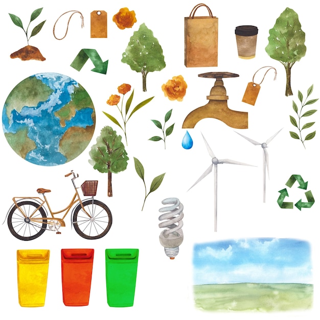 Set di illustrazioni ad acquerello del problema ambientale risparmio energetico verde Decorazione realistica disegnata a mano Oggetto ecologico della pianta del pianeta Oggetti acquerello isolati su sfondo bianco