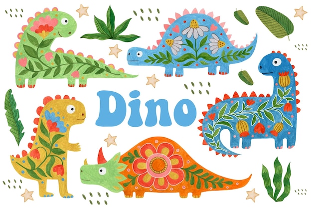 Set di illustrazioni ad acquerello di dinosauri isolati su sfondo bianco in stile d'arte popolare