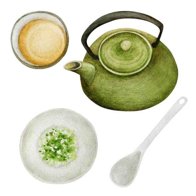 Set di illustrazioni ad acquerello di tè matcha