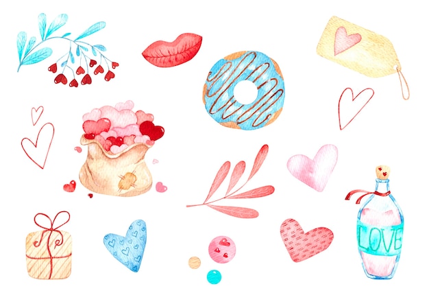 Set di illustrazioni ad acquerello per San Valentino, ciambella, cuori, buste, torte, amore, borsa di cuori