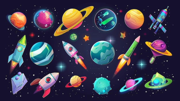 Set di illustrazioni che raffigurano icone di esplorazione spaziale pianeti razzi o navette telescopi UFO alieni con asteroide nel cielo stellato di un gioco per computer di fantasia