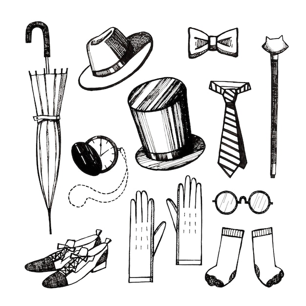 Set di illustrazioni con articoli di abbigliamento e accessori