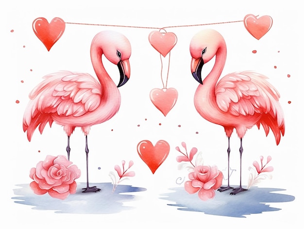 Set di illustrazioni di animali in colore acquatico, fiammiferi carini, cuori e fiori, carta d'amore per San Valentino
