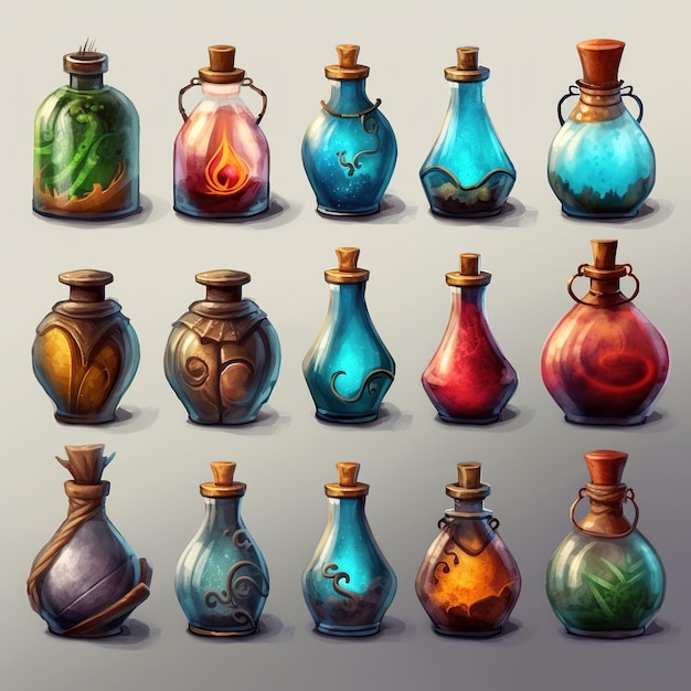 Set di illustrazioni di bottiglie di pozioni