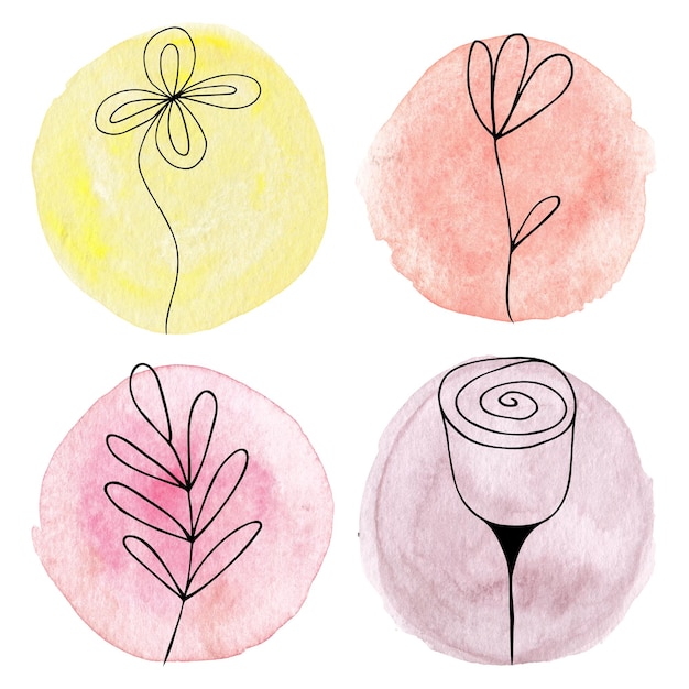 Set di illustrazioni di doodle di fiori su sfondo acquerello Fiore semplice e foglie per la progettazione di cartoline adesivi per imballaggi social media