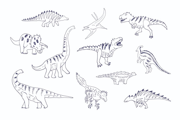 Set di illustrazioni di doodle vettoriali di dinosauri con fiori