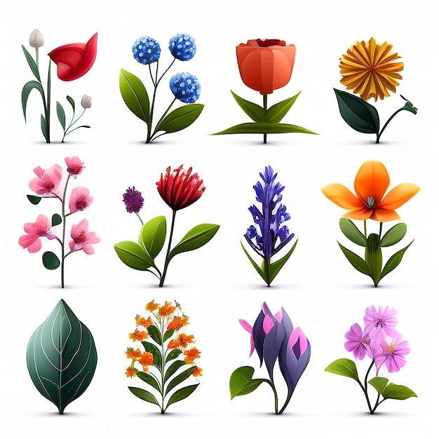 Set di illustrazioni di fiori e foglie in stile vettoriale per la grafica creata con la tecnologia Generative AI