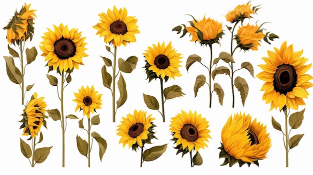 Set di illustrazioni di rami di girasoli ad acquerello Fiori gialli d'estate e rami di foglie verdi Elementi floreali