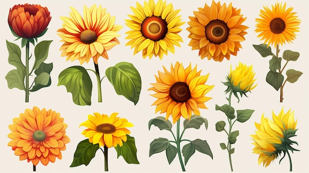 Set di illustrazioni di rami di girasoli ad acquerello Fiori gialli d'estate e rami di foglie verdi Elementi floreali