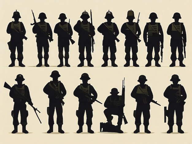 Set di illustrazioni di silhouette di soldato a disegno piatto