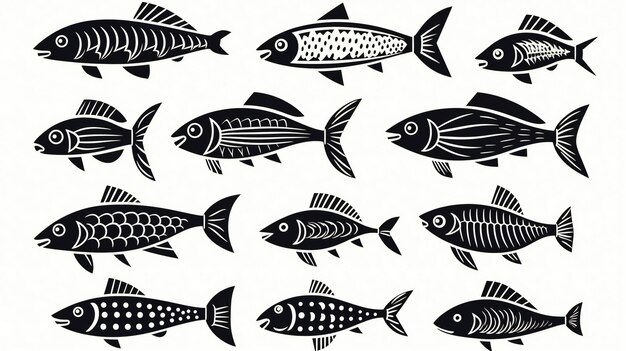 set di illustrazioni nere di pesci