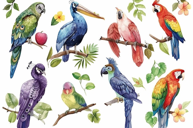 Set di illustrazioni vettoriali ad acquerello di uccelli