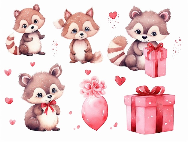Set di illustrazioni vettoriali di disegni di personaggi banner piccolo procione con cuori rosa e scatola regalo per il giorno di San Valentino in acquerello