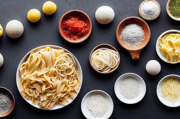 Set di ingredienti per fare pasta fatta in casa e sapaghetti