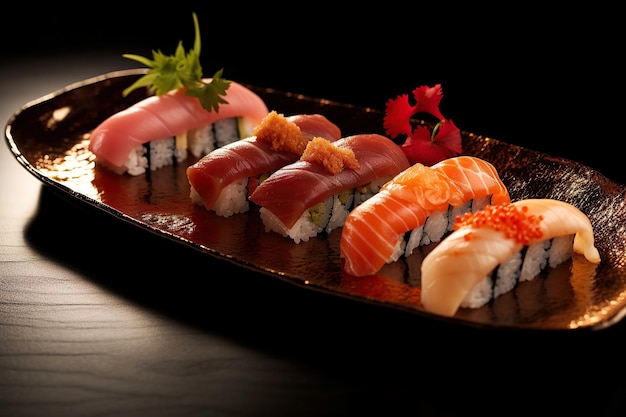 Set di involtini di sushi e sashimi Menu sushi Cucina giapponese Illustrazione di intelligenza artificiale generativa