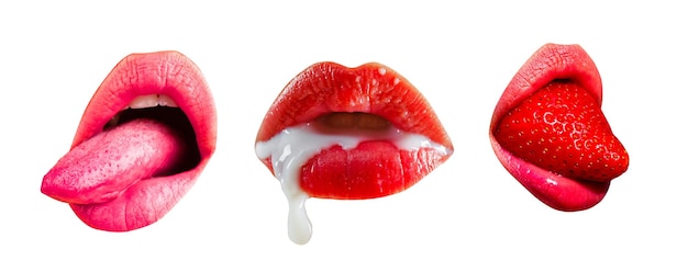 Set di labbra femminili su sfondo bianco isolato tracciato di ritaglio collezione di bocca con labbro rosso