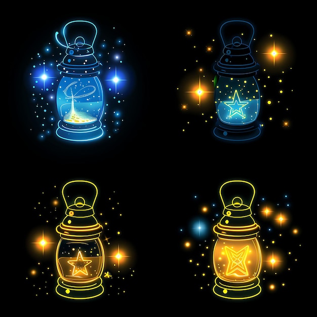 Set di Lanterna Glowing 16 Bit Pixel con lucciole e stelle con una maglietta di gioco Asset Concept Art