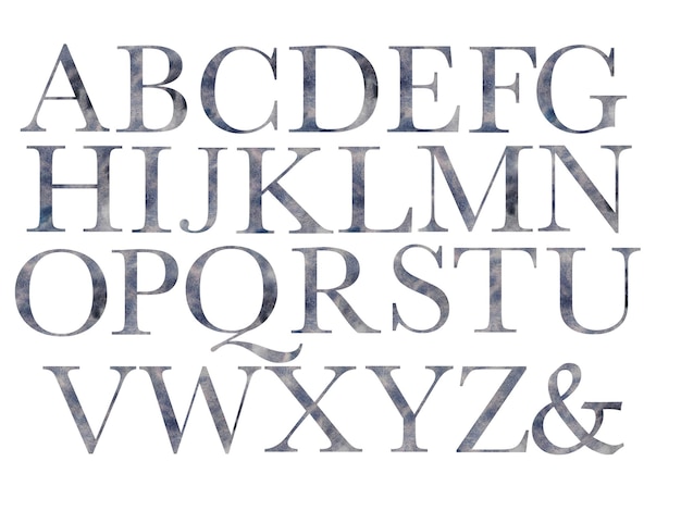Set di lettere maiuscole dell'alfabeto inglese con serif e riempimento acquerello isolato su sfondo bianco Lettere vintage per la progettazione di inviti cartoline libri riviste
