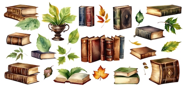 Set di libri squisiti con vaso fragile con foglie acquerello dipinto a mano illustrazione isolata