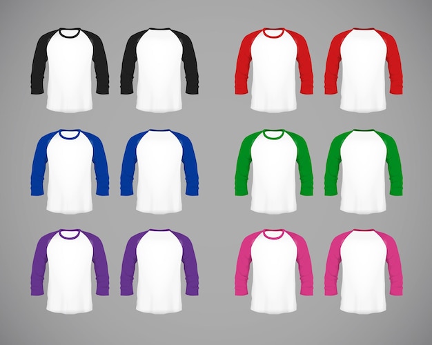 Set di magliette da baseball da uomo a maniche lunghe slimfit Modello di design Mockup multicolore per il branding
