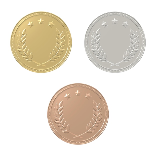 Set di medaglie d'oro, d'argento e di bronzo