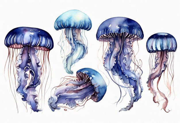 Set di meduse illustrazione ad acquerello disegnata a mano isolata su sfondo bianco