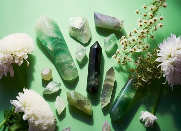 Set di minerali delle torri di cristallo e fiori bianchi su sfondo verde astratto IA generativa