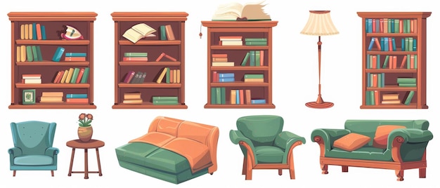 Set di mobili della biblioteca isolati su sfondo bianco Illustrazione a fumetti che mostra scaffali per libri scaffali di libri una poltrona con un cuscino una lampada un vaso di fiori un hobby di lettura e un ufficio