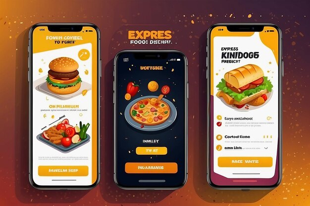 Set di modelli di interfaccia per smartphone di cartoni animati per la consegna espresso di cibo Premium Vector