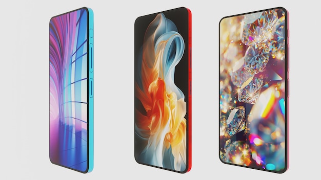 Set di moderni modelli di smartphone con sfondi eleganti, custodie e schermi di moda