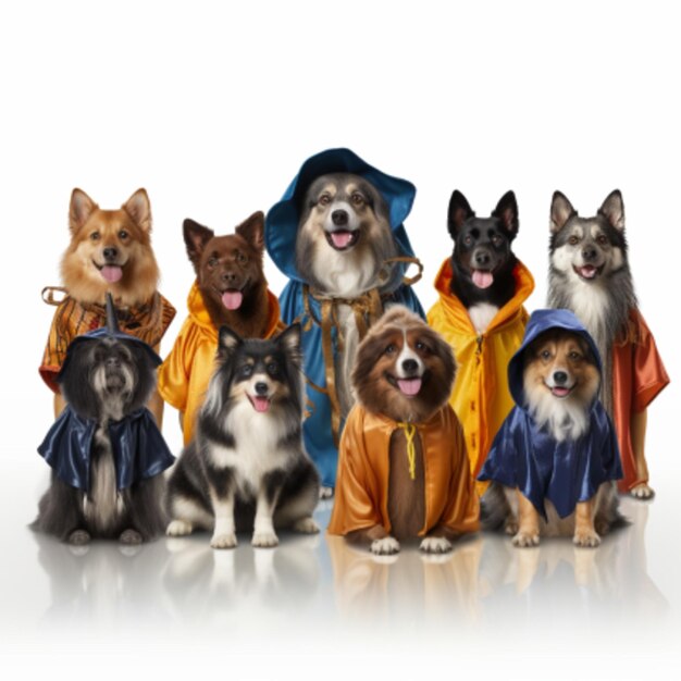 Set di molti cani in costumi di Halloween su uno sfondo colorato