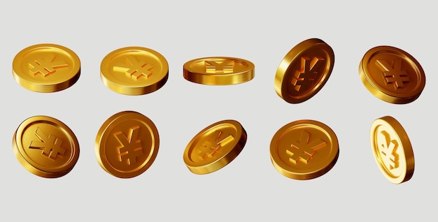 Set di monete d'oro con segno di yen in forma diversa su sfondo bianco. rendering 3D