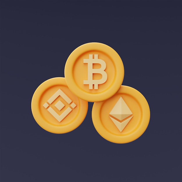 Set di monete in criptovaluta d'oro con Bitcoin, Ethereum, Binance isolato su sfondo scuro, tecnologia blockchain, stile minimale. Rendering 3d.