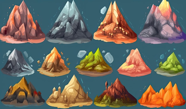 Set di montagne isolate su uno sfondo pianeggiante Illustrazione vettoriale in stile cartone animato