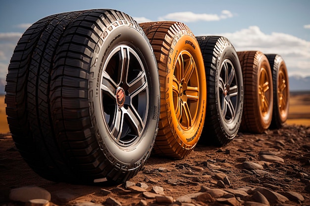 Set di nuovi pneumatici per auto su uno sfondo scuro ai generativo