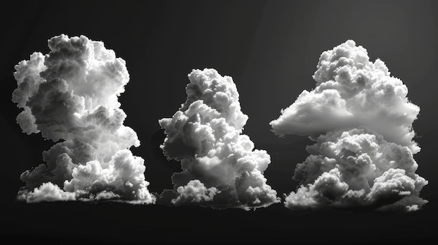 Set di nuvole bianche su uno sfondo nero isolate su bianco