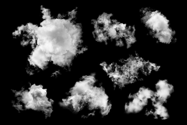 set di nuvole texturate isolate su sfondo nero Abstract bianco