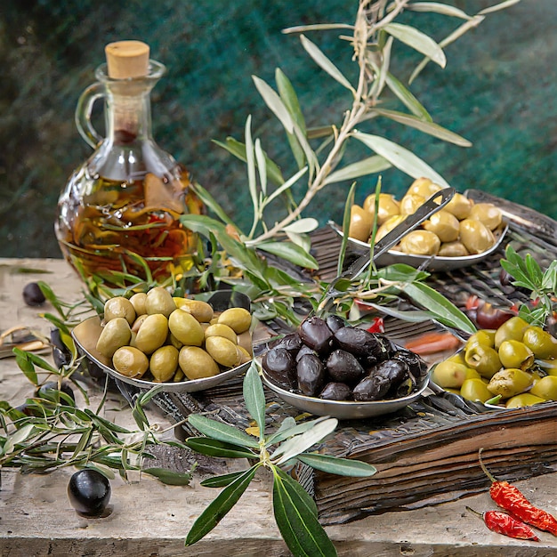 Set di olive verdi nere e di vari tipi italiani